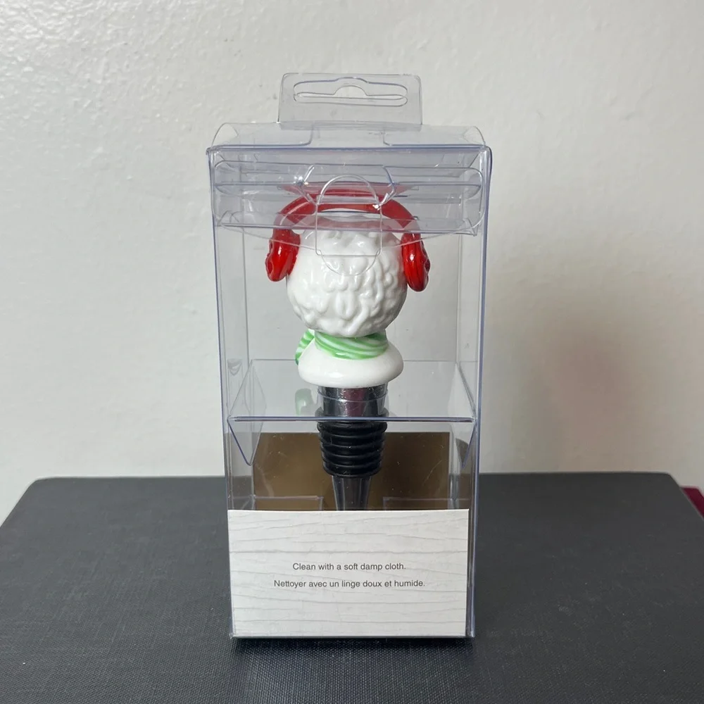 Pier 1 Ceramic White Dog w Red‎ Earmuffs Green Scarf Holiday Wine Bottle Stopper